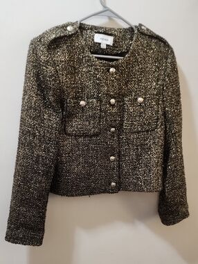 REISS Black and Gold Metallic Tweed Cropped Jacket